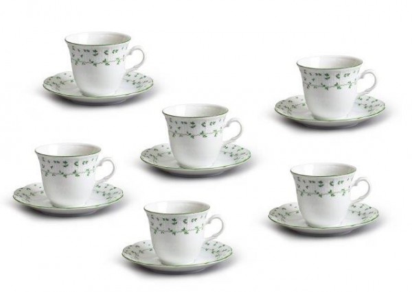 Šálky s podšálky Natálie, 12 dílná, Zelené lístky