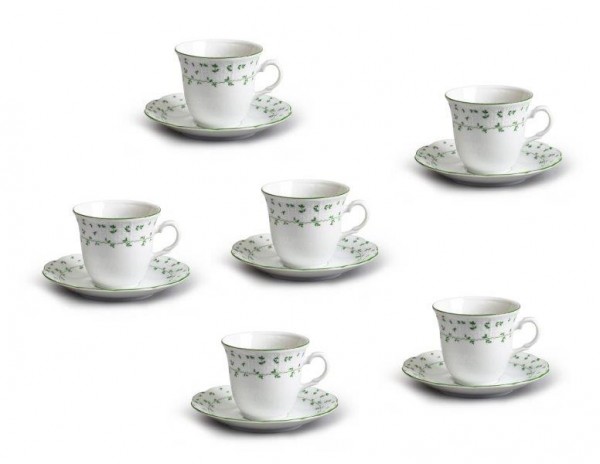 Šálky s podšálky Natálie, 12 dílná, Zelené lístky